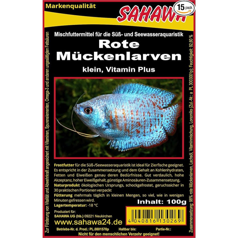 Sahawa® Raudonųjų uodų lervų šalčio maistas 1,5 kg, 15 lizdinių plokštelių po 100 g, supakuotų su sausu ledu -78 °C, akvariumas, akvariumas, žuvų maistas, šalčio maistas