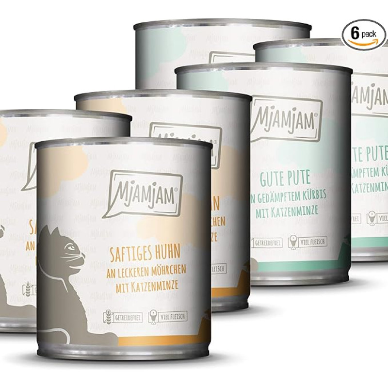 MjAMjAM - Premium wet food for cats - Monopaket I with chicken and turkey, 6-pack (6 x 800 g), grain-free with extra meat