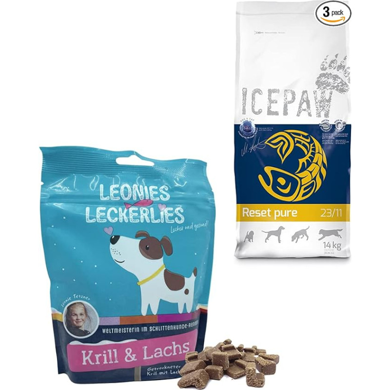 ICEPAW kombinuotoji pakuotė I Jautriems maistui šunims I Aukštos kokybės sausas maistas I Reset Pure 14 kg I Leonies skanėstai 125 g