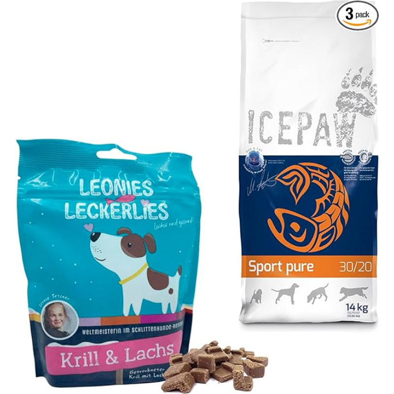 ICEPAW I Kombinuotoji pakuotė šunims I High Premium I Sausas maistas Sport Pure 14 kg I Žuvis (silkė) ir ryžiai I Leonies skanėstai 125 g