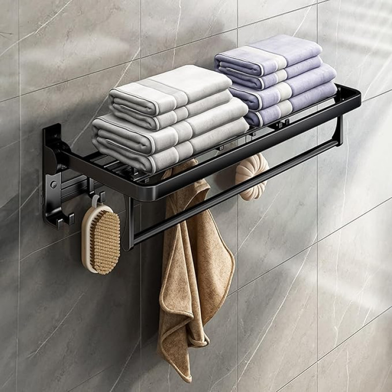Towel Holder Matte Black, Self-Adhesive Towel Rail No Drilling Bathroom, Wall Mounted Towel Rail with 7 Towel Hooks, Bath Towel Holder, Towel Rail, Towel Rack for Bathroom Kitchen, 58 cm