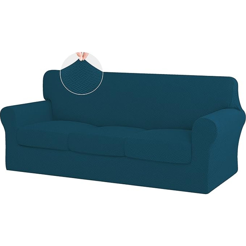 ISSUNTEX Dicke Sofabezüge, hohe Dehnbarkeit, weicher Sofa-Schonbezug für 3 separate Kissen, Couch, Jacquard-Stoff, elastischer Sofabezug, Möbelschutz für Hunde (Sofa, Pfauenblau), 4 Stück