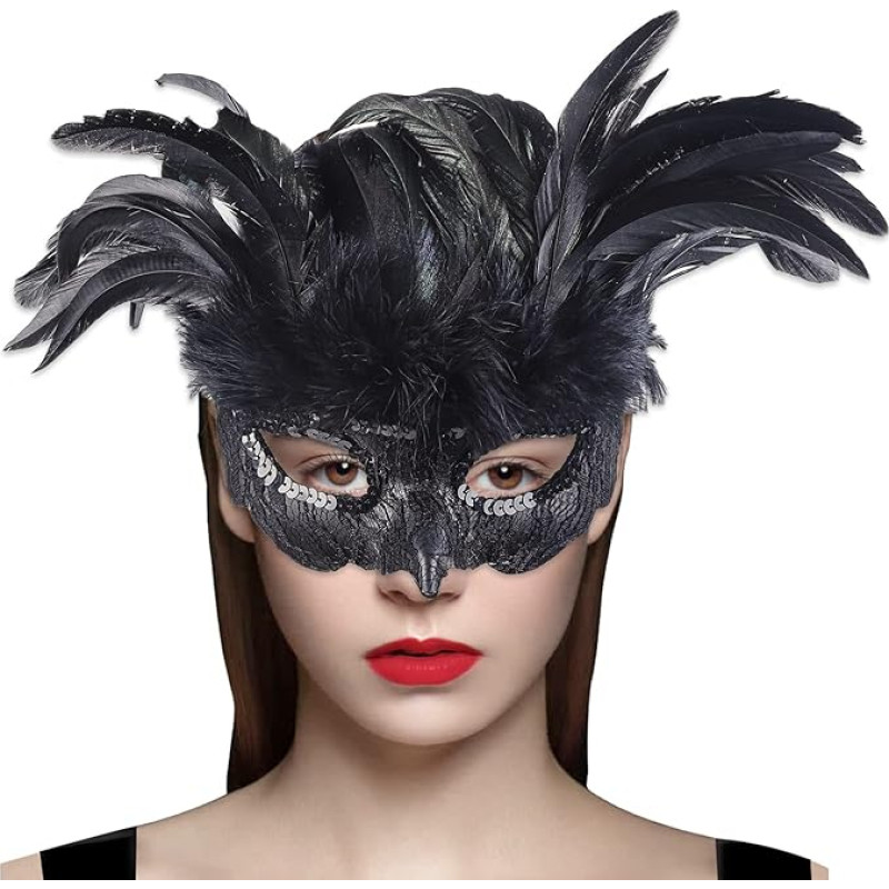 Cranight Venecijos kaukė Moterys Vyrai Maskarado kaukė Juoda plunksnų kaukė Raven kaukė karnavalo Fancy Dress Halloween Cosplay kostiumų aksesuarai