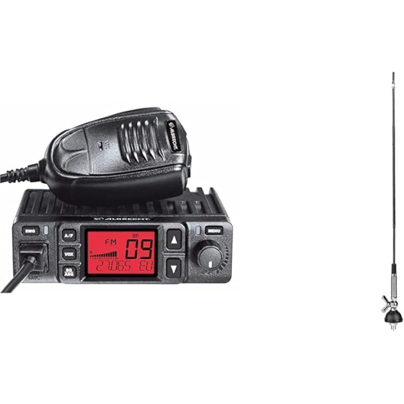 Albrecht AE6290 CB radijo imtuvas, 12629, su integruota retransliatoriaus/pertraukiklio funkcija, 12/24 V, VOX, RJ-45 vakarinis kištukas ir T-27, CB radijo antena, 60 cm ilgio, 1/4 Lambda, 4 m ilgio laidas, juoda (juoda)