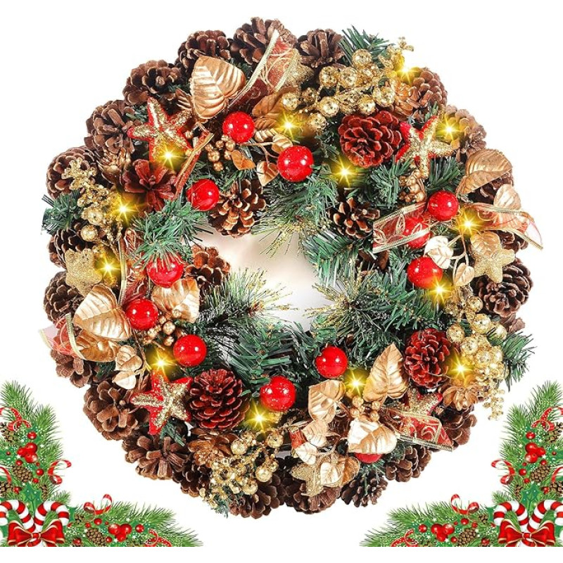 ZZXLOPEZ Kalėdų vainikas, LED kalėdinis vainikas su pasakų lemputėmis ir 10 šiltos baltos spalvos šviesos diodų, 30 cm durų vainikas, kalėdinis, advento vainikas, dekoratyvinis vainikas su pušų kankorėžiais ir raudonaisiais uogų vaisiais