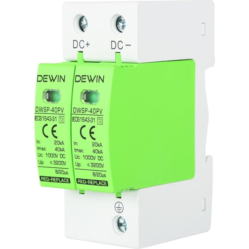 DEWIN apsaugos nuo viršįtampių įtaisas, 2P 40KA fotovoltinės apsaugos įtaisas DC 1000V apsaugos nuo viršįtampių apsaugos nuo žaibo įtaisas 35 mm DIN bėgis
