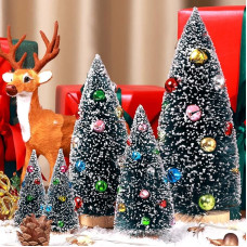 EIMMBD Mini Christmas Trees Decoration Artificial Christmas Trees Table Bottle Brush Trees Small Sisal Trees with Snow and Colorful Beads for Indoor Outdoor Home Village Winter Holiday