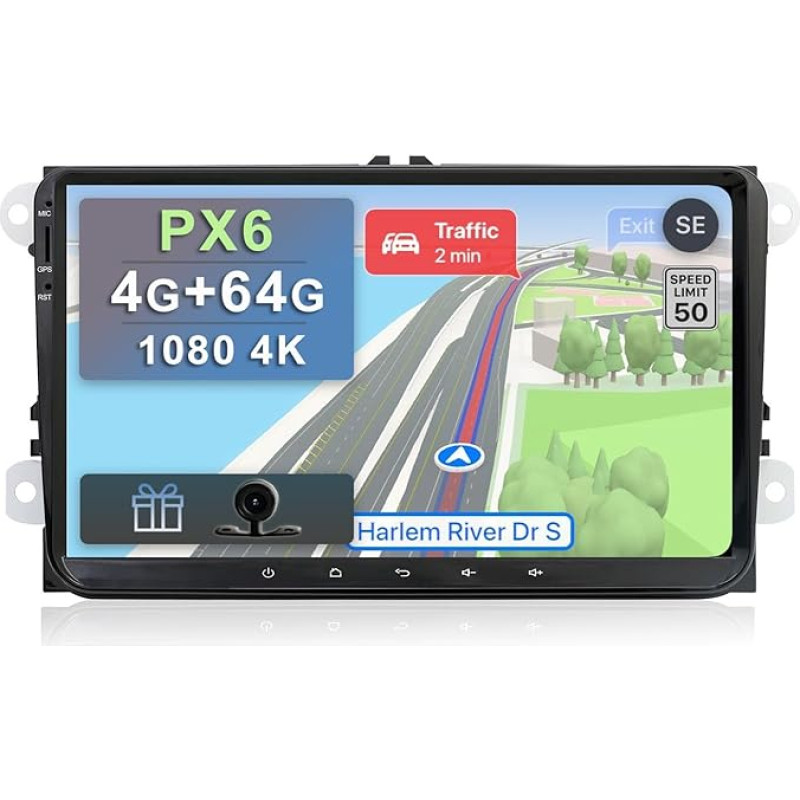 YUNTX PX6 + IPS Android 12 automobilinis radijas, suderinamas su VW Passat/Golf/Skoda/Seat [4G + 64G] - 2 DIN GPS - Nemokama atbulinės eigos kamera - Palaiko DAB/valdymą vairu/4G/WiFi/Bluetooth 5.0/Mirrorlink