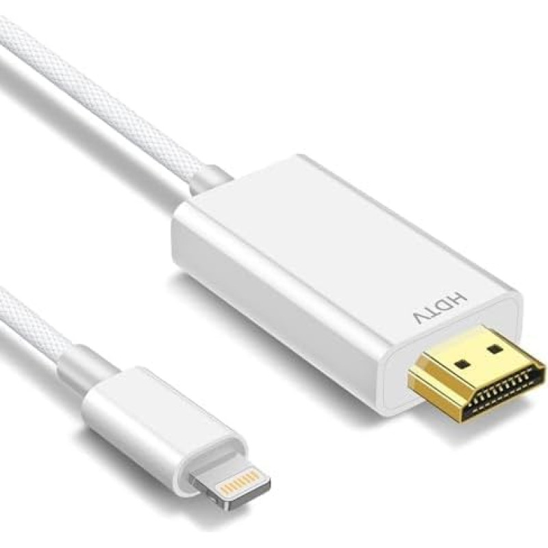 HDMI kabelis i-phone, HDMI adapteris, skirtas i-phone, i-Pad arba i-Pod perkelti į televizorių, HDMI jungiamasis kabelis, iOS 17, 16, 15, 14, YouTube TV išvestis, HD raiška 1080P, 1 m,