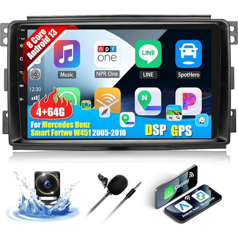 8 branduolių CAMECHO 4+64G Android 13 Carplay automobilinis radijas Mercedes Benz Smart Fortwo W451 2005-2010 9 colių ekrano radijas su Android Car, Bluetooth FM/RDS DSP Sat Nav GPS WiFi + atbulinės eigos kamera