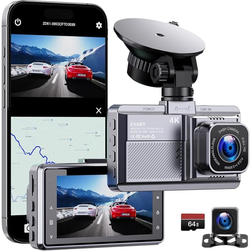 Dash Cam Car Front and Rear Dash Cam 4K with GPS 5GHz WiFi Dash Cam with 64GB SD Car Camera with Parking Monitoring/Super Night Vision/Loop Recording (2-Channel Recording)
