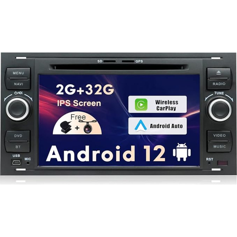 SXAUTO Android 12 IPS automobilinis radijas, tinkamas Ford C-Max/Fiesta/Focus/Fusion/Galaxy/Kuga/S-Max/Transit/Mondeo - Integruotas Carplay/Android Car - Be kameros - 2G+32G - SWC DAB Fast Boot 4G - 2 DIN