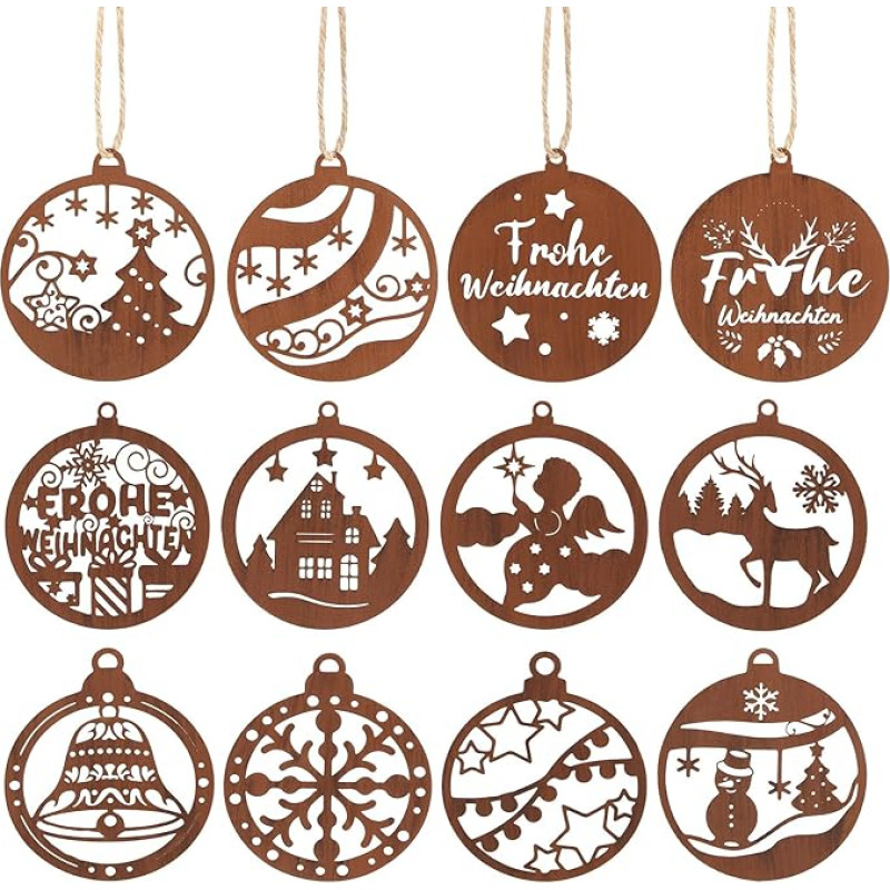 Otuuz Pack of 12 Christmas Tree Decorations Rust 8 cm Rust Decorative Hanger Rusty Christmas Decoration Deer Star Snowman Rust Decoration Metalinė Kalėdų dekoracija Kalėdų pakabukas Kalėdoms