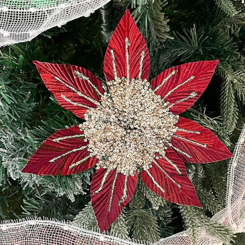 Künstlicher Weihnachtsstern, Glitzer, 25 cm, Weihnachtsbaum-Blume, Weihnachtsstern, künstliche Weihnachtsblumen-Dekoration für Hochzeit, Weihnachtskranz, Heim-Party-Dekoration, Rot, 4 Stück