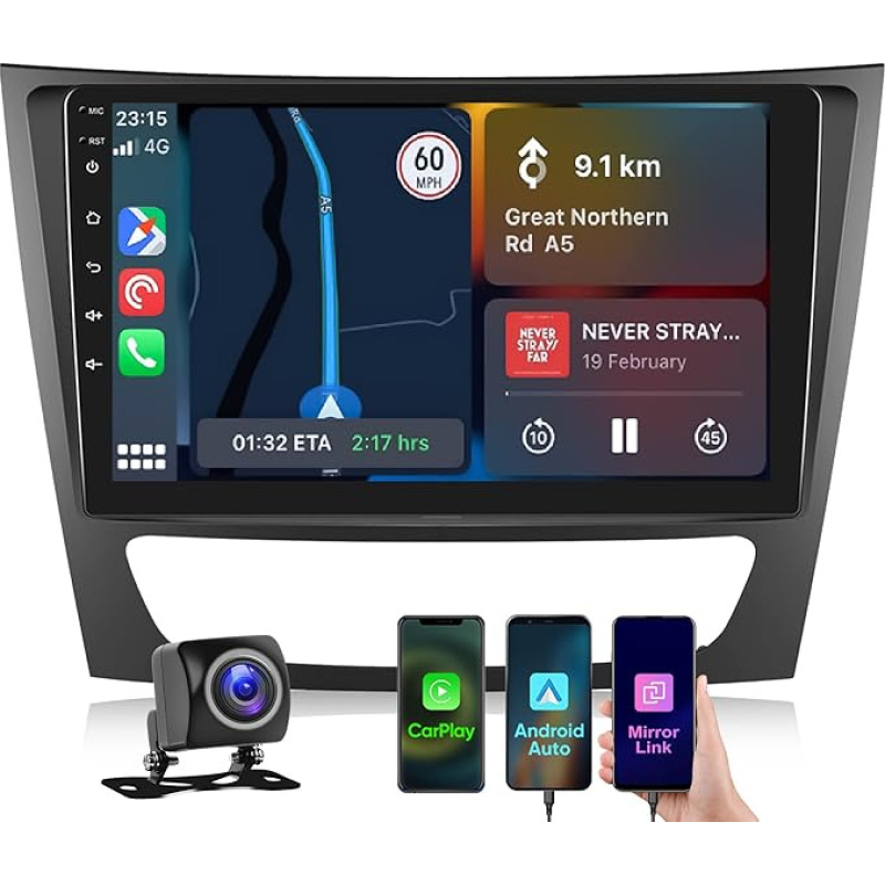 SIXWIN 2+64G Android 13 Carplay Android automobilinis radijas su DSP, skirtas Mercedes Benz W211 E klasei, CLS klasei, W219, 9 colių jutiklinis ekranas, 1280 x 720, su GPS WiFi BT BT USB FM RDS Mirror Link + 32 juostų ekvalaizeris