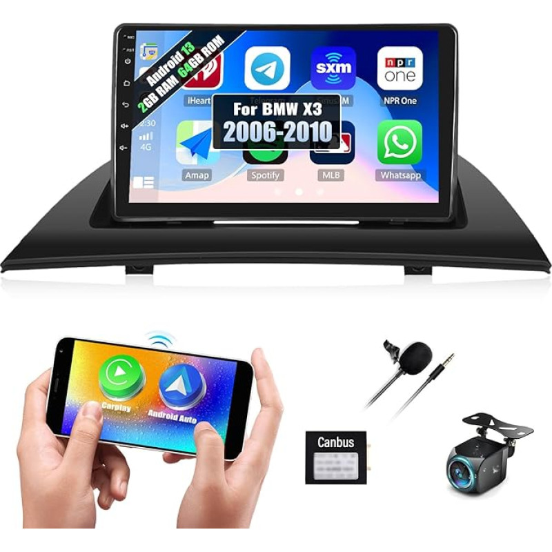 2G + 64G Android 13 automobilinis radijas BMW X3 E83 (2004-2012) su Carplay Belaidis Android automobilinis 9 colių jutiklinio ekrano automobilinis radijas su GPS navigacija HiFi FM/RDS WiFi Bluetooth ir USB + atbulinės eigos kamera ir