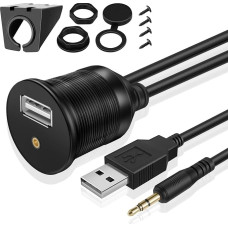 TNP USB + 3,5 mm Aux Einbaubuchse Kabel - 1 m, Kfz USB & 3,5 mm Klinke Einbau Buchse Kabel, Auto USB Aux Verlängerungskabel, Stereo Audio Adapter für Armaturenbrett, LKW, Boot, Motorrad, schwarz