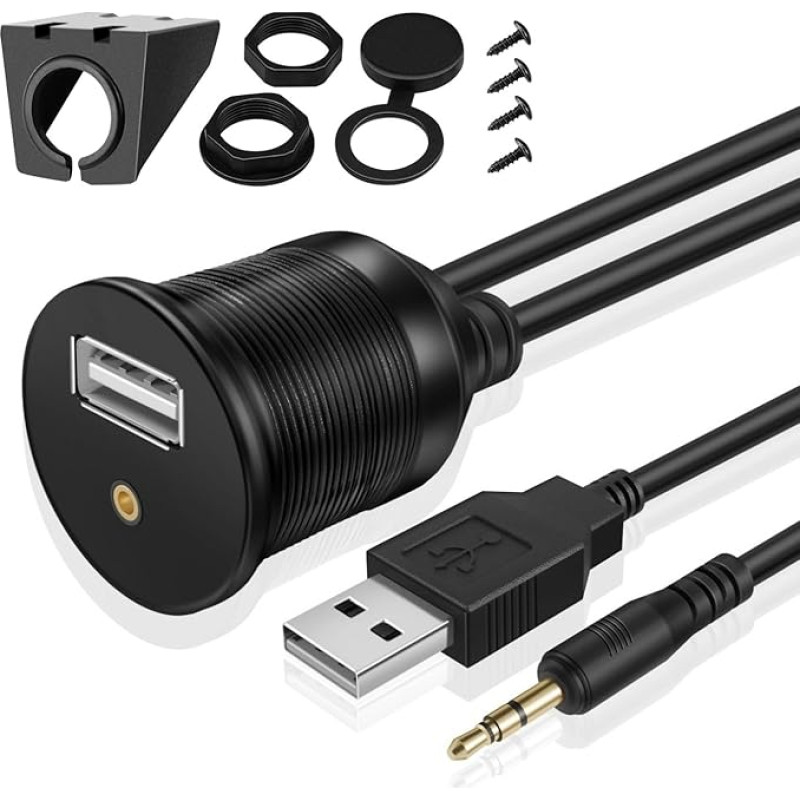 TNP USB + 3,5 mm Aux Einbaubuchse Kabel - 1 m, Kfz USB & 3,5 mm Klinke Einbau Buchse Kabel, Auto USB Aux Verlängerungskabel, Stereo Audio Adapter für Armaturenbrett, LKW, Boot, Motorrad, schwarz