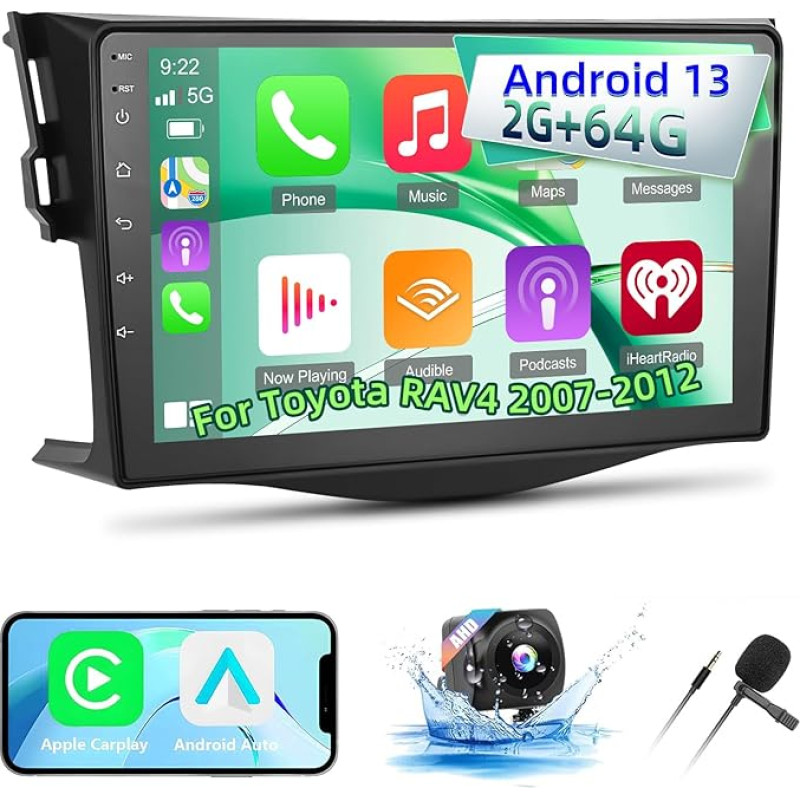 Techschermo [2+64G] Android 13 automobilinis radijas Toyota RAV4 2007-2012 m. su belaidžiu Carplay ir Android Car, 9 colių jutiklinio ekrano automobilinis radijas su WiFi GPS Mirror Link DSP FM/RDS radijas SWC+ AHD atbulinės eigos kamera