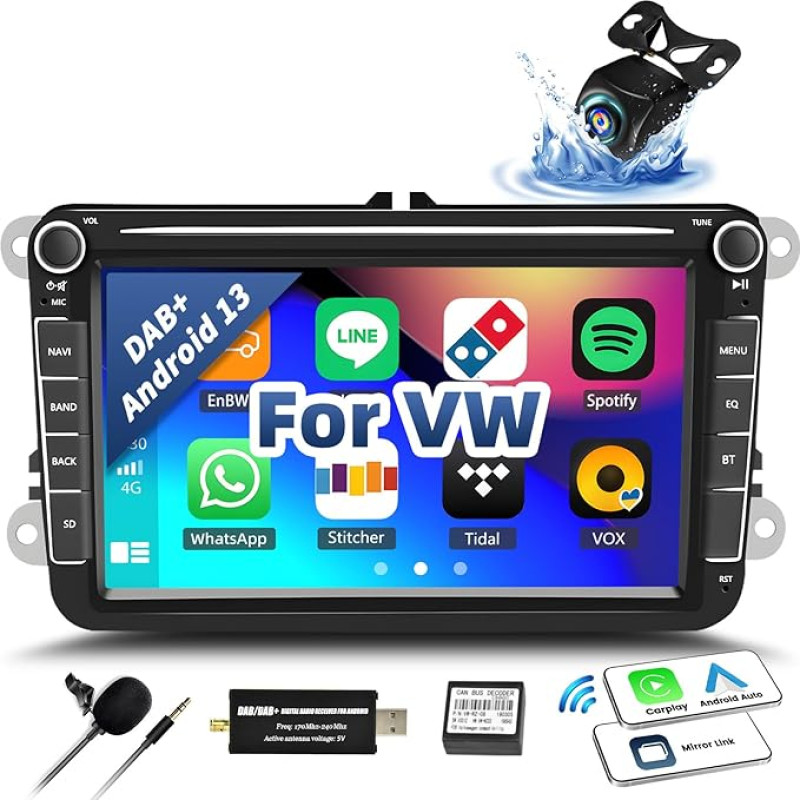 OiLiehu DAB/DAB+ 2+64G Android 13 Carplay Android automobilinis radijas 2DIN VW Golf 5 6 Polo Skoda Caddy T5 Passat automobilinis radijas su 8 colių ekranu su HiFi/Bluetooth/FM RDS/WiFi/GPS/SWC/ galinio vaizdo kamera