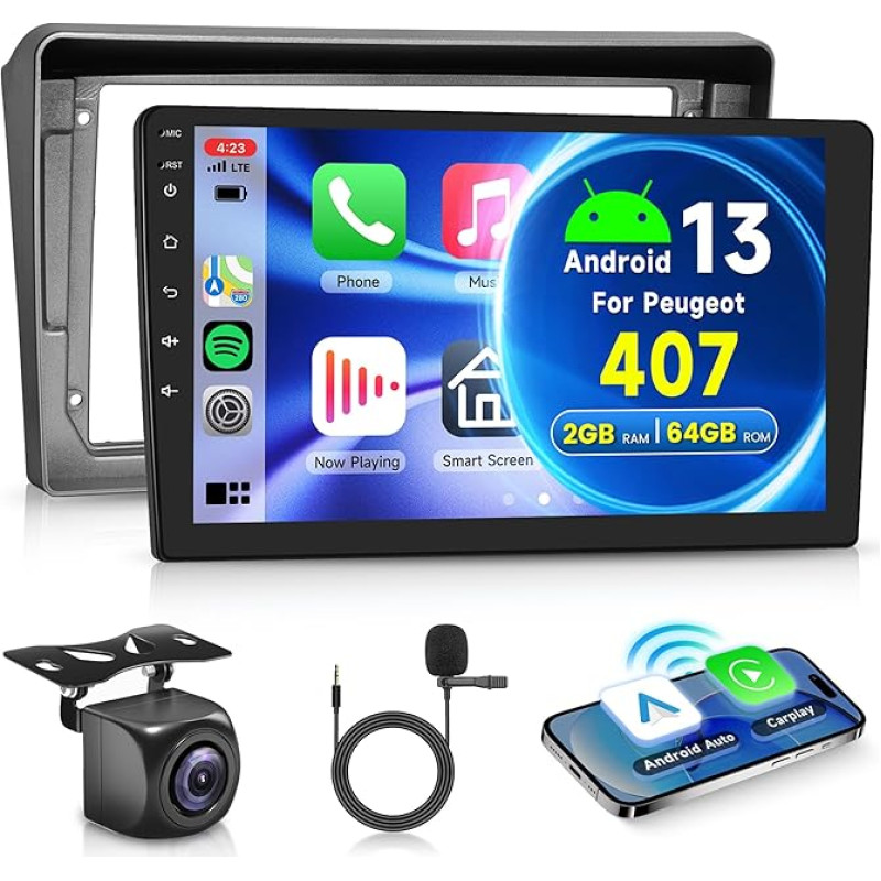 2G + 64G Wireless Carplay Android 13 Automobilinis radijas 2 DIN Peugeot 407 2004-2011 9 colių automobilinis radijas su Android automobiline navigacija GPS WiFi Mirror Link Bluetooth FM/RDS DAB/OBD/DVR/Steering Wheel Control