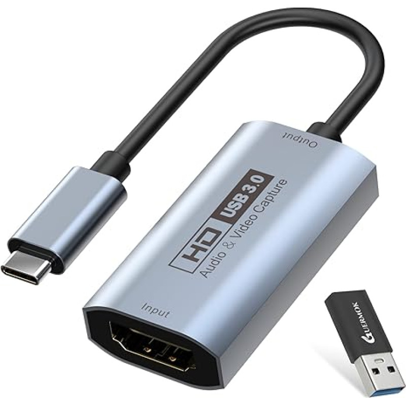 GUERMOK vaizdo įrašymo kortelė, USB3.0 HDMI į USBC įrašymo kortelė, 4K Full 1080P60FPS įrašymo įrenginiai, skirti žaidimams, tiesioginiam vaizdo įrašymui, skirti PC Mac OS sistemai OBS PS4 Switch (pilka)