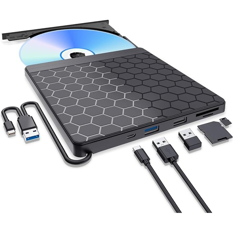 Išorinis DVD kompaktinių diskų įrenginys Išorinis USB 3.0 USB C DVD įrenginys su SD/TF lizdu ir 2 USB prievadais, DVD įrašymo įrenginys / grotuvas Išorinis kompaktinių diskų įrenginys, skirtas nešiojamajam kompiuteriui 