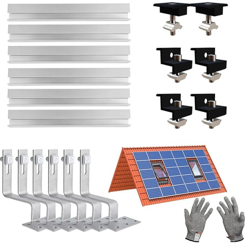 Solar Bracket Tile Roof Set, Aluminium Profile and Photovoltaic Roof Hook, Solar Module Bracket Tile Roof Black, Adjustable Clamps for Module Thickness 30-35 mm (2 Modules)