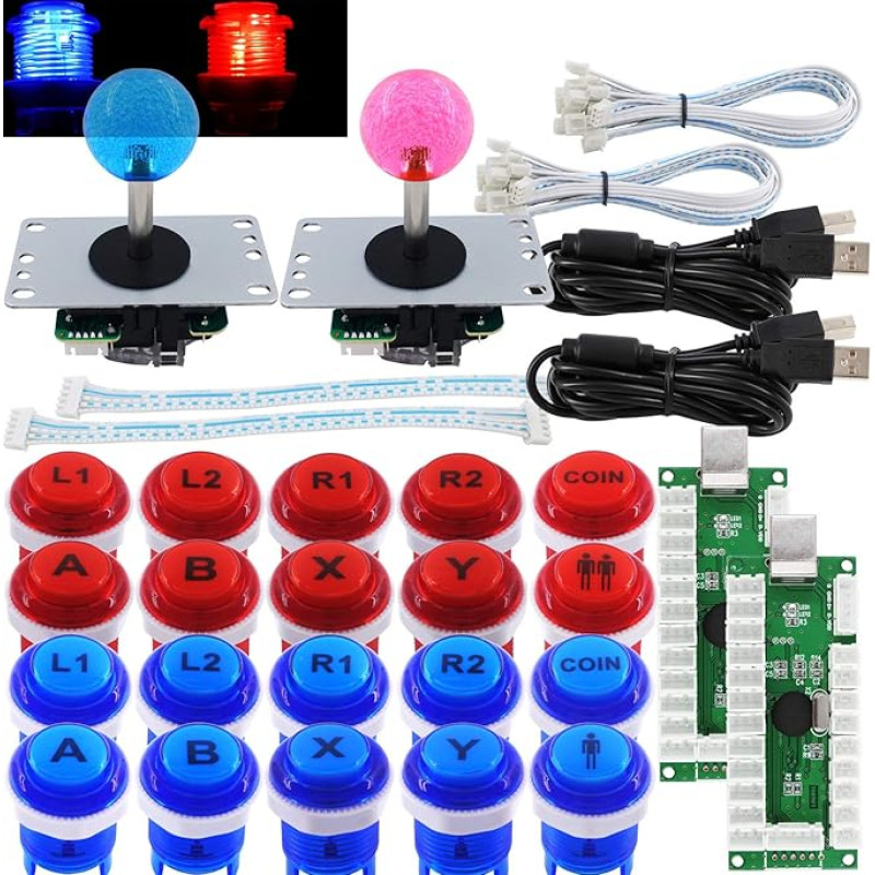 SJ@JX Arcade 2 Player Game Controller Stick DIY Kit LED mygtukai su logotipu MX Microswitch 8 Way Joystick USB Encoder Cable for PC MAME Raspberry Pi Red Blue