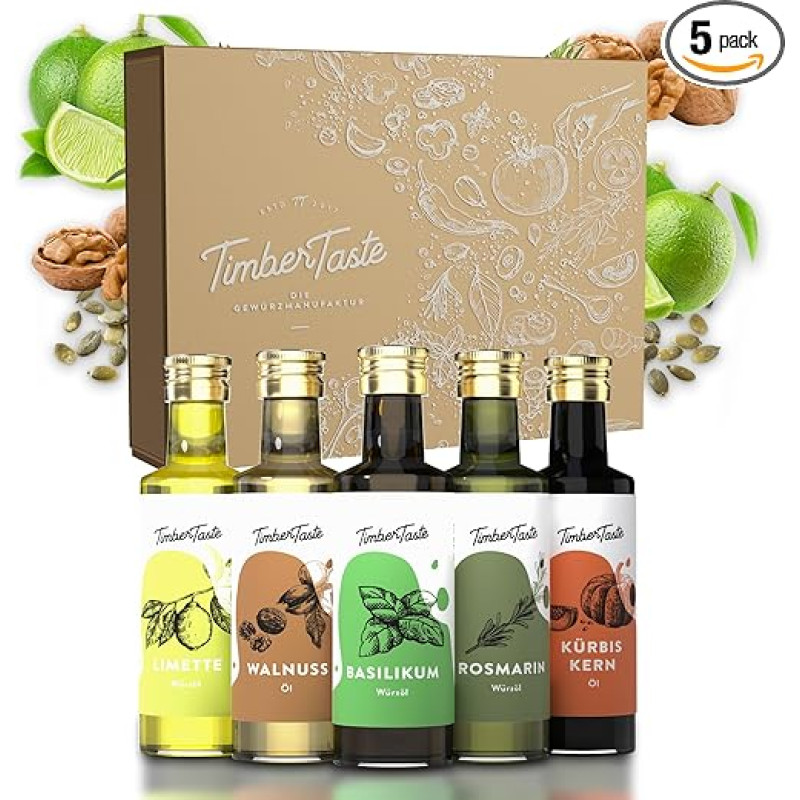TIMBER TASTE® acto ir aliejaus dovanų rinkinys vyrams ir moterims [pikantiškas] - 5 išskirtiniai ir kepimo aliejai [5 x 40 ml] - maisto gaminimo dėžutės virėjo rinkinys - gimtadienio dovanos - mažos dovanos suaugusiesiems
