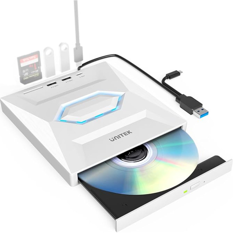 Unitek išorinis CD DVD diskas, USB C nešiojamasis CD/DVD +/-RW diskas/DVD grotuvas su SD kortelių skaitytuvu USB 3.0 USB C koncentratorius CD ROM įrašymo įrenginys, suderinamas su nešiojamuoju kompiuteriu 