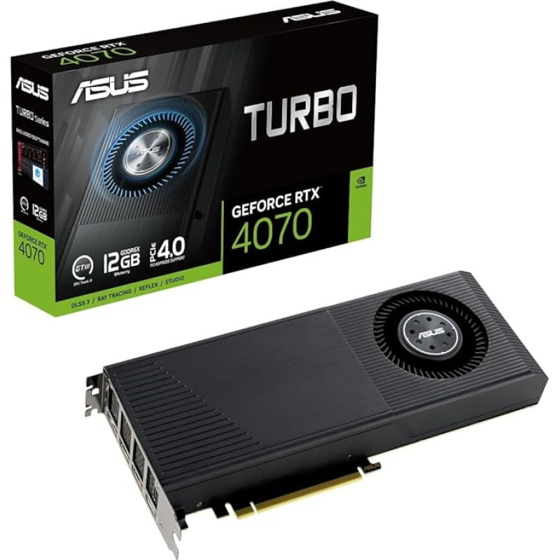 ASUS Turbo GeForce RTX 4070 12GB GDDR6X žaidimų vaizdo plokštė (Nvidia GeForce RTX4070 DLSS 3, PCIe 4.0, 1x HDMI 2.1a, 3x DisplayPort 1.4a, TURBO-RTX4070-12G)