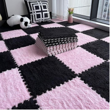 Dicker, quadratischer Schaumstoff-Pom-Pom-Pom-Teppich, 30,5 x 30,5 cm, Plüsch-Schaumstoff, ineinandergreifende Bodenmatte für kleine Bereiche (schwarz + rosa), 20 Stück