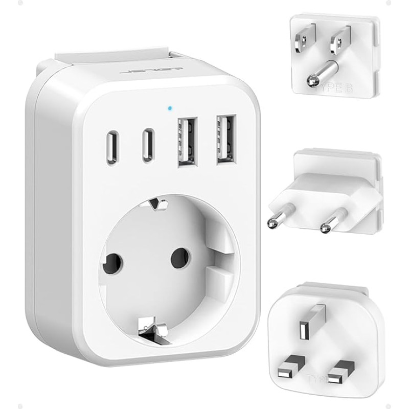 JSVER Travel Adapter Worldwide Set, International Travel Plug Adapter Socket Adapter with 4 USB Ports (2 USB C & 2 USB A) Travel Adapter Type C/G/B Plug for USA/Mexico/Europe/UK/HK