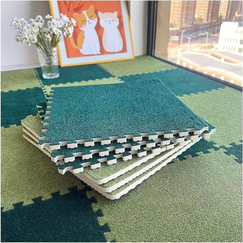 Schaumstoff-Bodenmatte, 12 Stück Puzzle-Schaumstoff-Bodenmatte for Schlafzimmer, ineinandergreifende Teppichquadrate, dünne und dicke Schaumstofffliesen, Verbindungs-Fußmatten(Light Green+green,0.39 I