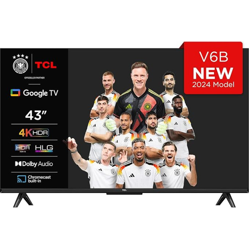 TCL 43V6B 43 Inch 4K Ultra HD, HDR TV, Smart TV Supported by Google TV (Dolby Audio, Motion Clarity, Voice Control, Compatible with Google Assistant, Chromecast Built-In