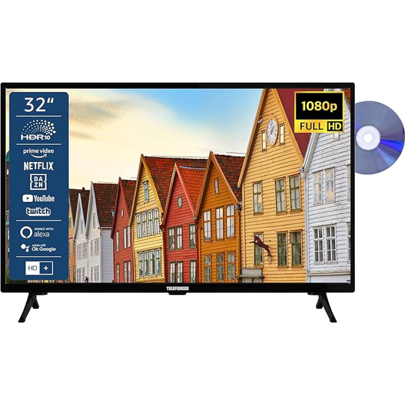 TELEFUNKEN XF32SN550SD 32 Inch TV/Smart TV (Full HD, HDR, Triple Tuner, DVD Player) - Includes 6 Months HD+ [2023], Black