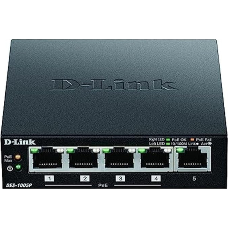 D-Link 5 prievadų Fast Ethernet PoE stalinis kompiuteris su 1 PoE prievadu, DES-1005P_E (kompiuteris su 1 PoE prievadu) - Europos kištukas