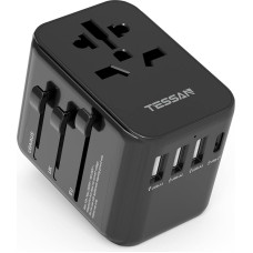 TESSAN Travel Adapter Worldwide, Universal Travel Plug with 3USB, 1USB C and 1AC Socket, International Socket Adapter, Universal Adapter for Germany, USA, England, Italy, Australia, Black