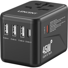 LENCENT Universal Travel Adapter, GaN III 45W International Charger with 3 USB & 2 USB-C PD Quick Charge Ports, Worldwide Charging Adapter for Type A/C/G/I, USA/UK/EU/AUS Sockets, Black