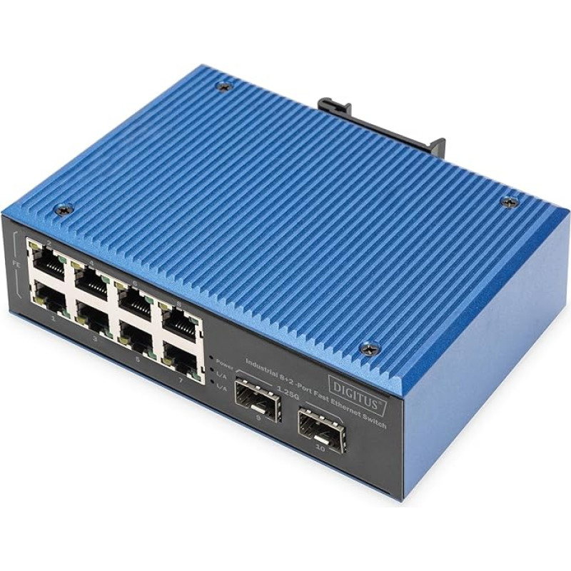 DIGITUS tinklo komutatorius - 10 Fast Ethernet prievadų - 8X RJ45 + 2x Gigabit SFP Uplink - IP40 - tvirtinimas ant DIN bėgio - 10/100 Mbps - pramoninė serija