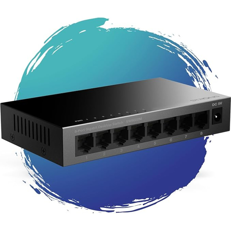 STRONG SW8000M in Metal | 8-Port Gigabit Desktop Switch | Table and Wall Mount | Ideal for Fast LAN Connections | Optimises Data Traffic | Fanless | Network Expansion | Black