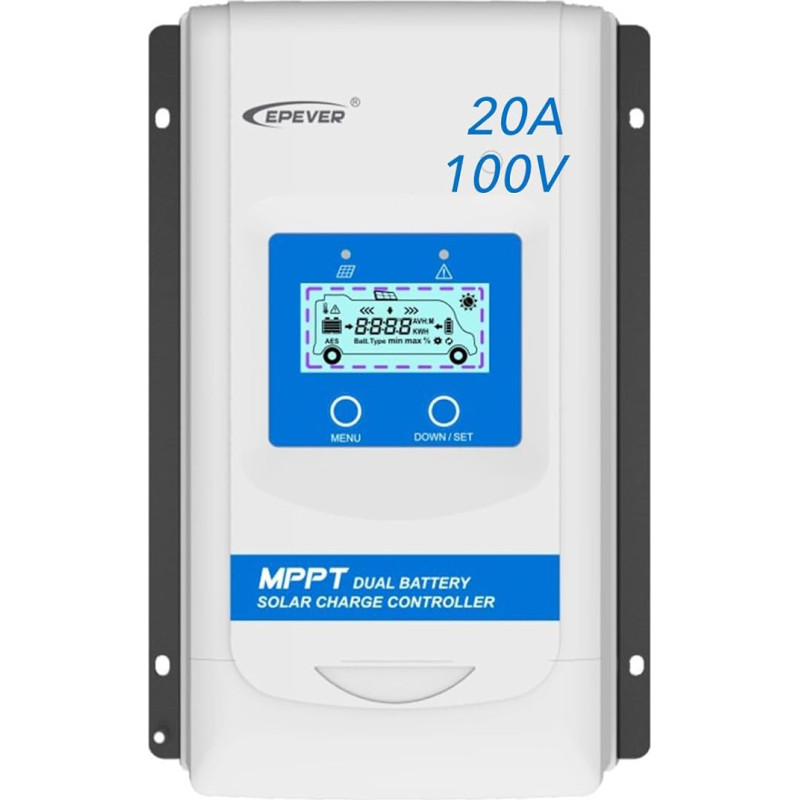 EPEVER® MPPT DuoRacer 20A Charge Controller Solar Charge Controller DR2210N for 2 Batteries, 12V/24V Auto Work, PV 100V (DR2210N)