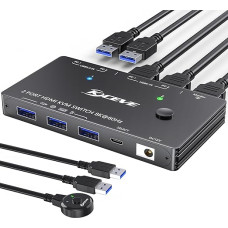 KVM jungiklis 8K@60Hz/4K@120Hz, skirtas 2 kompiuteriams, kurie dalijasi 1 monitoriumi ir 3 USB3.0 įrenginiais, pridedamas kabelinis nuotolinio valdymo pultas ir USB kabelis