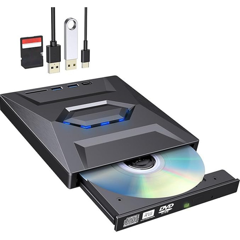 Nešiojamojo kompiuterio išorinis CD DVD įrenginys: Išorinis USB 3.0 ir C tipo DVD diskas su SD/TF kortelių skaitytuvu ir USB prievadais, CD DVD RW įrašymo įrenginys nešiojamiesiems kompiuteriams, staliniams kompiuteriams, Windows XP/2003, Win 7/8/8.1/10, 