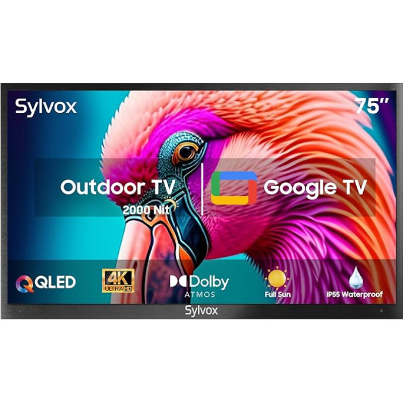 SYLVOX 75 Inch 4K UHD QLED Outdoor TV Google Television Quantum Dot Colour, 2000nit Brightness, IP55 Waterproof, Voice Assistant, Mobile Phone on TV, Dolby Atmos Technology - Pool Pro 2.0 QLED