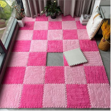 CucCe Plüsch Schaum Fußmatten 10 Stück ineinandergreifende Plüschschaum-Bodenteppichpolster, quadratischer Puzzle-Schaumstoffteppich, DIY-Anti-Rutsch-Teppich Schaumteppich(Pink+Rose Red)