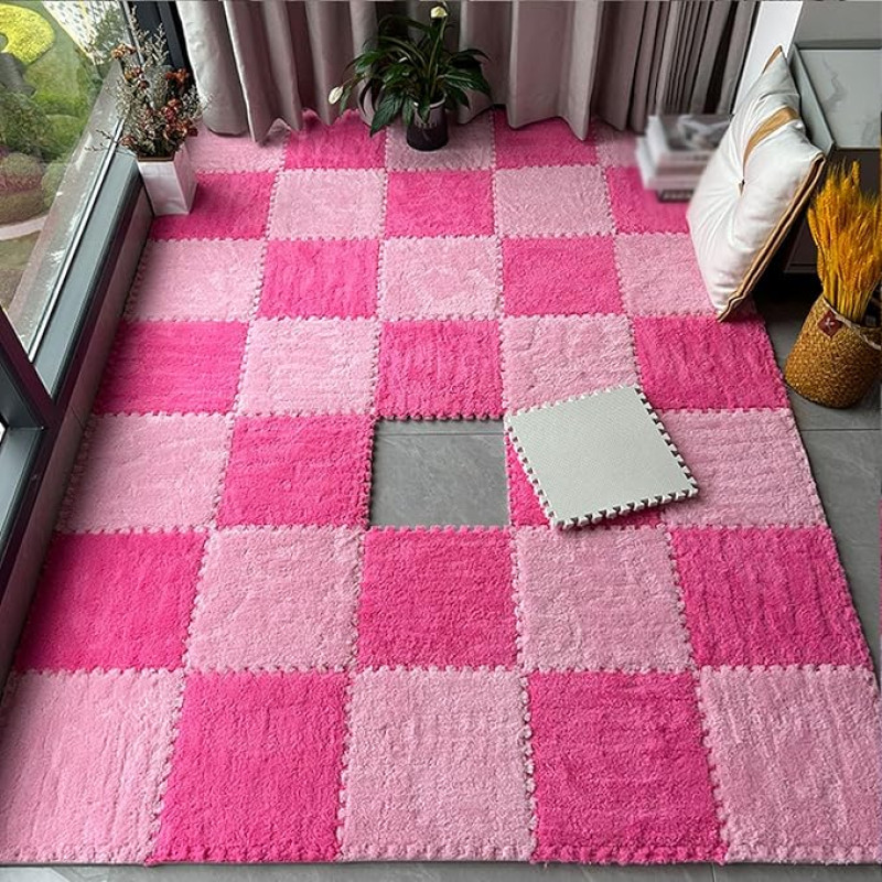 CucCe Plüsch Schaum Fußmatten 10 Stück ineinandergreifende Plüschschaum-Bodenteppichpolster, quadratischer Puzzle-Schaumstoffteppich, DIY-Anti-Rutsch-Teppich Schaumteppich(Pink+Rose Red)