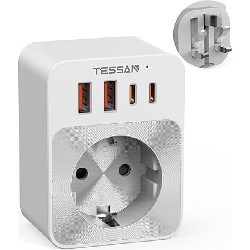 TESSAN Adapter England Germany Plug, 5 in 1 Travel Adapter Type G with 2 USB C and 2 USB A, Small Folding Design, 3250 W Socket Adapter England, 20 W USB C Fast Charge, UK Adapter to EU