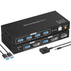 VPFET 4K120Hz KVM jungiklis DisplayPort 8K60HZ DP 1.4 jungikliai 2 kompiuteriams 1 monitoriui su 4 USB 3.0 prievadais, įskaitant darbalaukio valdiklį ir 2 USB 3.0 kabelius